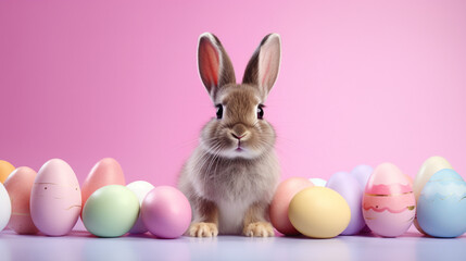 Fototapeta na wymiar Cute rabbit and colorful Easter eggs on a pink background. Generative AI