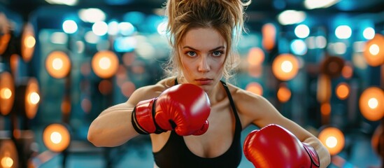 An attractive female boxer training hard with kickboxing exercises in a modern fitness center.