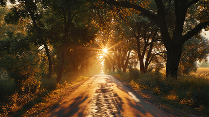 The road framed by trees, where the sun plays with light and shadow, creating a cozy atmosphere at