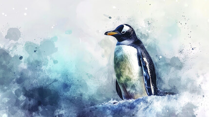 The watercolor pattern of a penguin, funny and cute, with a sad expression on the eyes