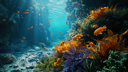 Fototapeta na wymiar Tropical palette: underwater world with rich shades that create the impression of underwater parad
