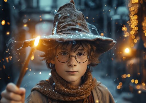 Wizard boy in eyeglasses with magic wand and magic hat