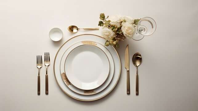 luxurious table setting with gold cutlery on white dishes against a background, perfect for high-end dining and special occasions