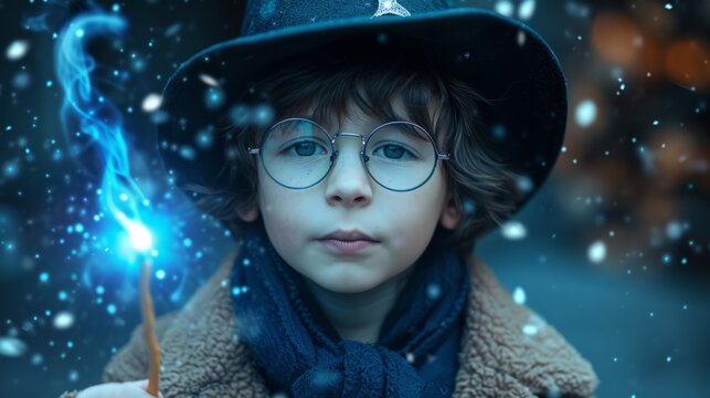 Wizard boy in eyeglasses with magic wand and magic hat