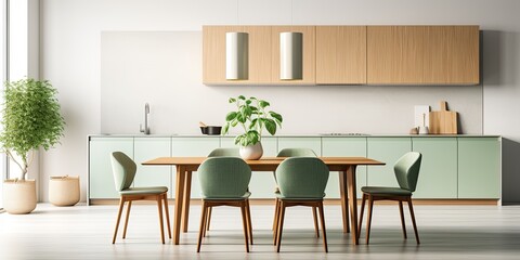 Fototapeta na wymiar Simple, modern kitchen and dining area with wooden and white surfaces, green chairs, and eucalyptus in ceramic vase.