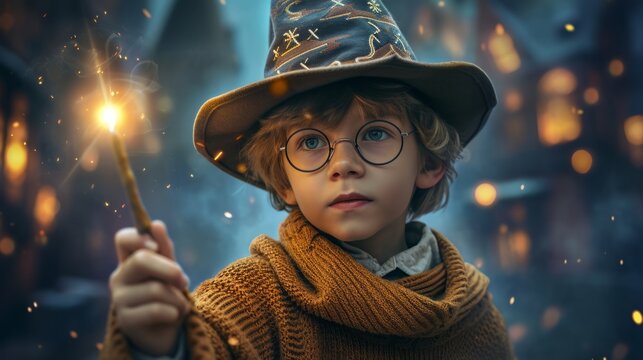 Wizard boy in eyeglasses with magic wand and magic hat