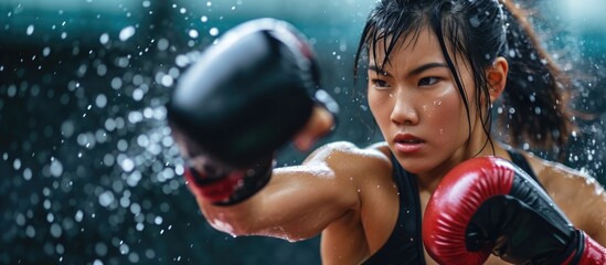 Asian woman boxing, strong, high kick, kickboxing movement. - obrazy, fototapety, plakaty