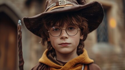 Wizard boy in eyeglasses with magic wand and magic hat