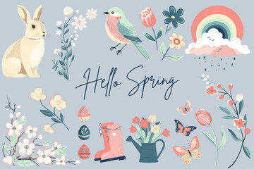 Spring collection. Hand drawn spring elements flowers, bird, bunny. Vector illustration. Trendy spring design