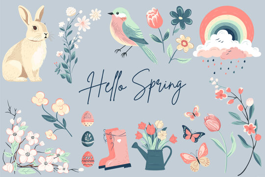 Spring collection. Hand drawn spring elements flowers, bird, bunny. Vector illustration. Trendy spring design