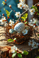 Fototapeta premium Easter composition with Easter eggs in nest on wooden board and blossom twigs around