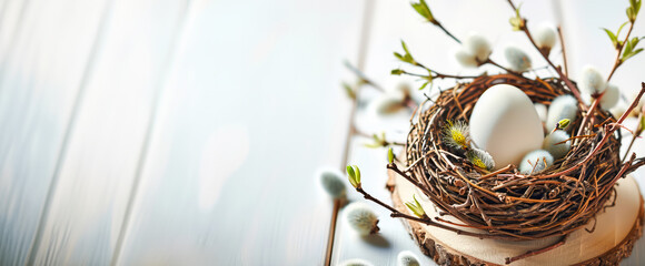 Easter composition with white egg in nest and pussy willow twigs on a wooden cut. - Powered by Adobe