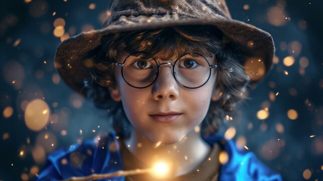 Wizard boy in eyeglasses with magic wand and magic hat