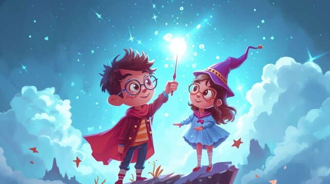 Wizard boy and girl with magic wand and magic hat in cartoon style