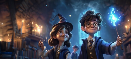 Wizard boy and girl with magic wand and magic hat in cartoon style