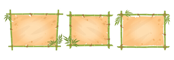 Jungle bamboo borders. Bamboo frame with bamboo leaves and parchment paper, wooden stems exotic signs flat vector illustration set. Oriental bamboo frames collection