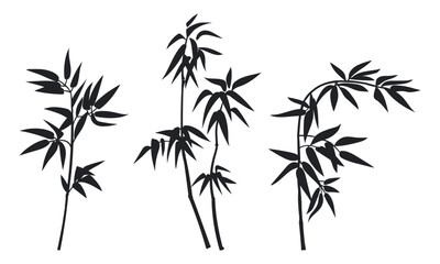 Jungle bamboo stems silhouettes. Bamboo forest plants leaves and branches, decorative black ink bamboo flat vector illustration set. Asian bamboo branches silhouettes