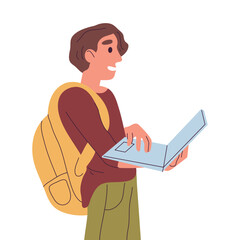 Fototapeta na wymiar Student holding laptop. College or high school student, wireless gadget user, male characters studies or freelance works flat vector illustration