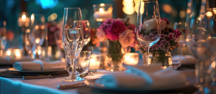 Table set with sparkling glassware for wedding dinner.