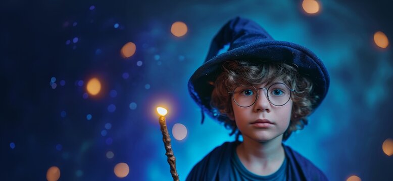 Wizard boy in eyeglasses with magic wand and magic hat