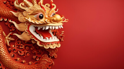Traditional Chinese dragon on red background with copy space. Chinese dragon zodiac New Year - obrazy, fototapety, plakaty