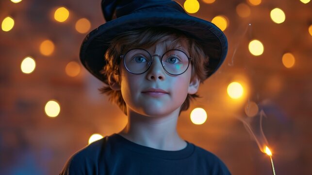 Wizard boy in eyeglasses with magic wand and magic hat