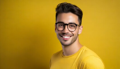 attractive brunette man wearing yellow tshirt and glasses on yellow background - obrazy, fototapety, plakaty