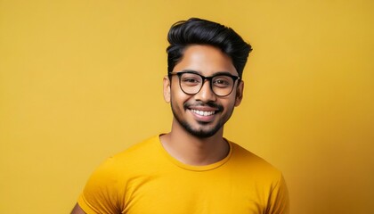 attractive indian man wearing yellow tshirt and glasses on yellow background - obrazy, fototapety, plakaty