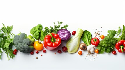A healthy eating concept in white features a variety of fresh vegetables and herbs. - obrazy, fototapety, plakaty
