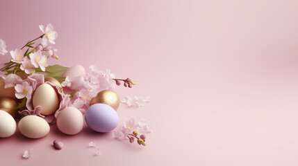 Naklejka na ściany i meble Happy Easter. Easter eggs and flowers on backgrounds. Place for text.Generative AI