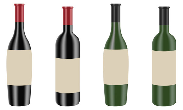 Set of realistic looking red and white wine bottles with blank labels isolated on white background.  Food and drink element
