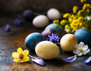 Fototapeta na wymiar Easter eggs dyed naturally, top view