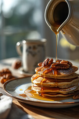 A stack of pecan pancakes with is being poured a liquid honey glaze. Morning mood