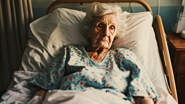 an old woman laying in a hospital bed