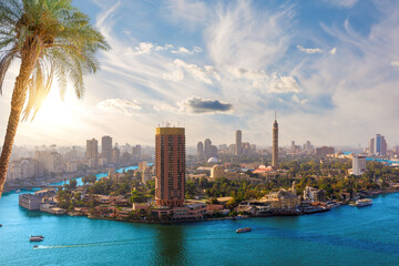 Aerial panorama of the downtown and the Nile river in Cairo, Egypt