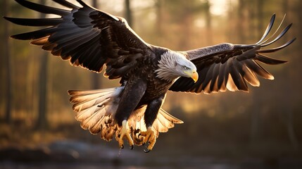 A white-tailed eagle is flying in the sunlight.