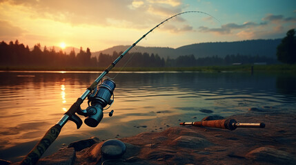 fishing rod on the background of the lake, fishing tackle. Generative AI
