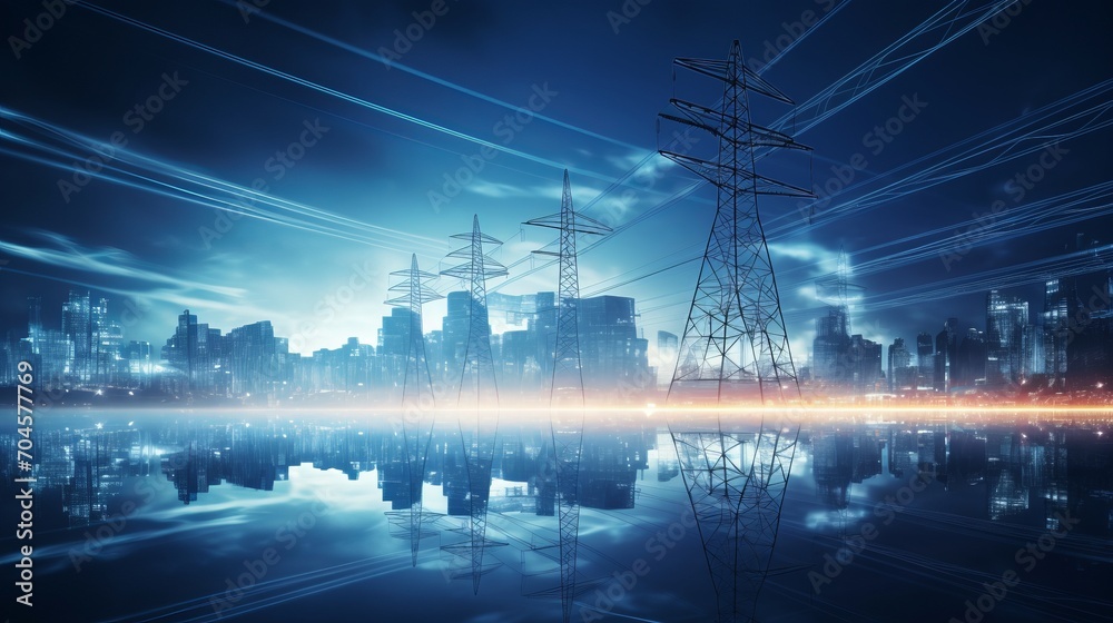 Wall mural high-voltage tower and power lines, blurry city lights at night, 16:9