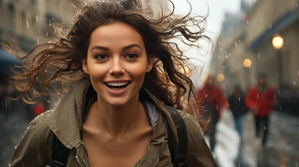 a beautiful young woman in a brown jacket running through the city in the rain.