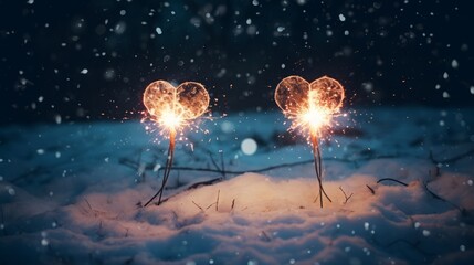 Obraz na płótnie Canvas two burning sparklers in snow, new year, whishes, 16:9