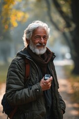 A photo of an elderly man using a fitness tracker during a walk in the park, emphasizing his active lifestyle and the technology