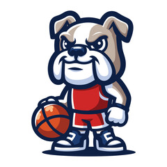 Cute cartoon bulldog puppy playing basketball mascot character design vector, logo template isolated on white background