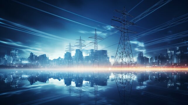 high-voltage tower and power lines, blurry city lights at night, 16:9