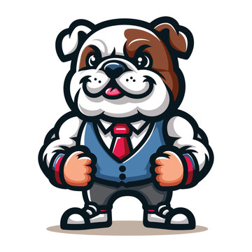 Cute cartoon bulldog puppy in school uniform mascot character design vector, logo template isolated on white background