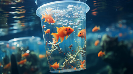 fish in a plastic cup, ocean pollution. The concept of hopelessness. Environmental pollution