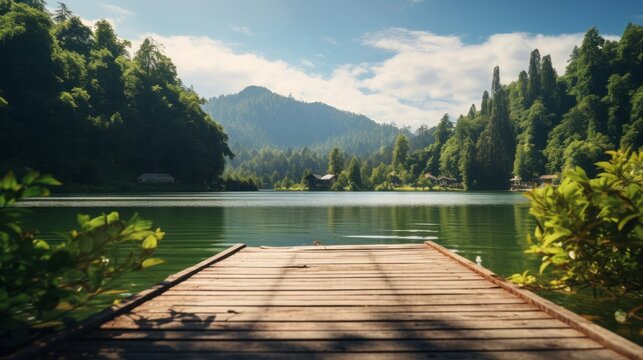 empty wooden jetty / pier , idyllic rainforest lake, copy space, 16:9