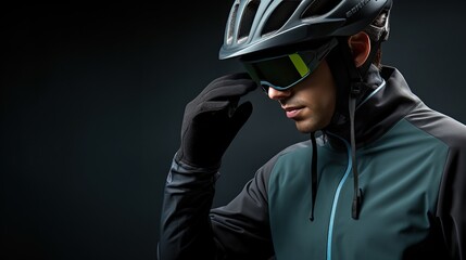 Focused male cyclist in a helmet and reflective green sunglasses adjusting his eyewear before a ride.
