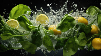Smooth Fresh organic raw green Spinach Vegetables falling into water and splashes created with Generative AI Technology