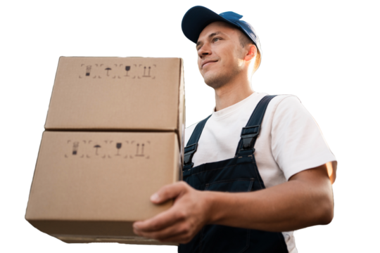Male courier delivery of a box order to a customer courier company employee in uniform. Transparent background.