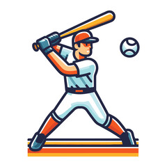 Baseball softball player in action vector illustration, hitter swinging with bat design template isolated on white background